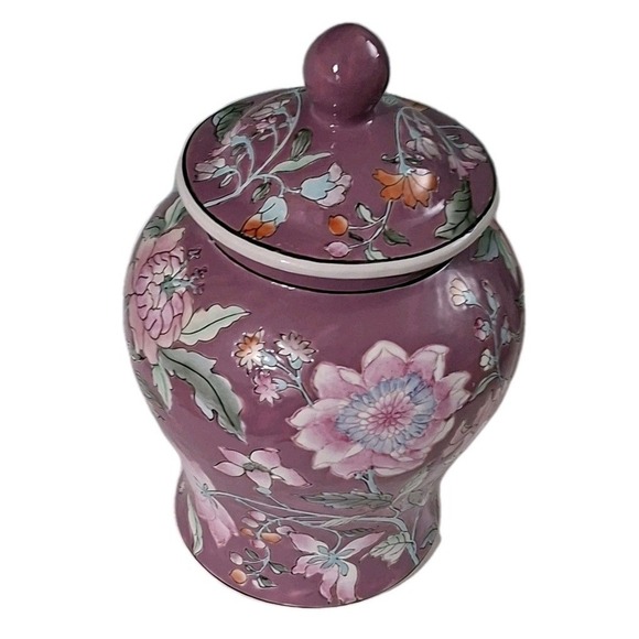 Other - Vtg. Style Purple Floral Ginger Jar Ceramic Hand Painted Chinoiserie Lidded Urn